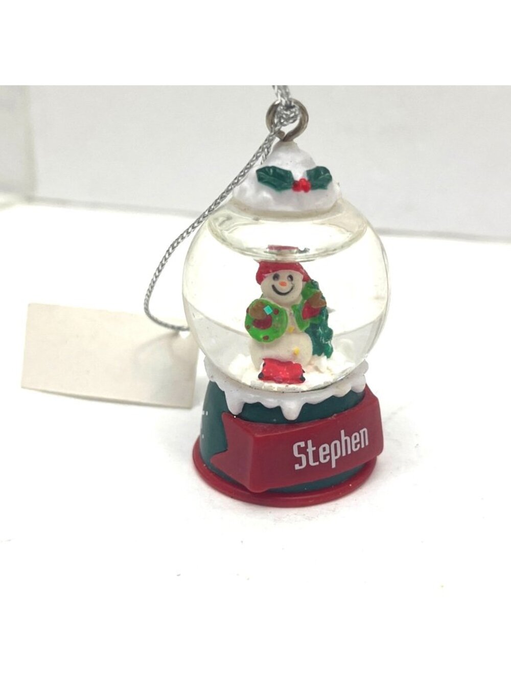 Mini Snow Globe Christmas Ornament Snowman & Personalized “Stephen” Base 2 "
